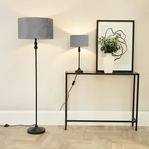 ValueLights Maggie Black Metal Candlestick Floor Lamp with Grey Velvet Lamp Shade and LED Bulb