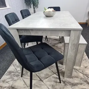 Grey Kitchen Dining Table, 4 Black Tufted Velvet Chairs and 1 Bench Dining Set (140x80x75)