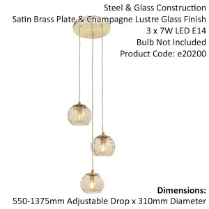 Satin Brass 3 Light Ceiling Pendant Fitting & Campagne Dimpled Glass Shades