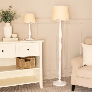 ValueLights Victoria White Wood Floor Lamp with Linen Scallop White Trim Tapered Shade & Bulb