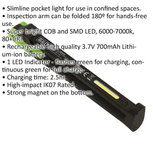 Slim Folding Pocket Light - 2 COB & 1 SMD LED - Rechargeable - Magnetic - Green