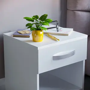 Arkadij High Gloss 1 Drawer Manufactured Wood Bedside Table, Modern Bedroom Cabinet White