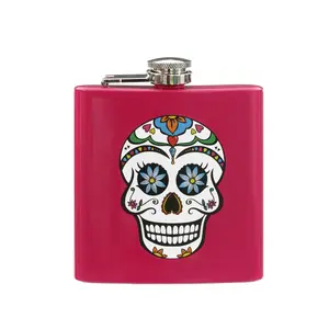 Maison by Premier Hip Flask Skull Design With Pink Finish