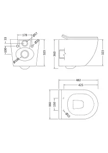 Rimless Wall Hung Toilet Pan with VIVA Slim Concealed Cistern Frame 1.14-1.35m & Square Gloss White Flush Plate