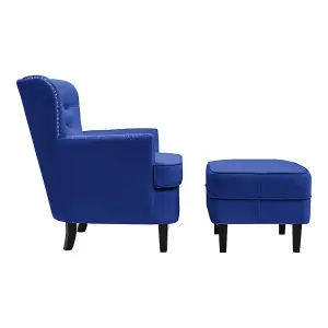 Blue Velvet Upholstered Occasional Armchair Sofa Chair with Footstool