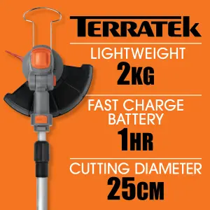 Terratek Cordless Grass Strimmer 20V 1hr Fast Charge Rechargeable Grass Trimmer with 10 Blades Battery and Charger Included