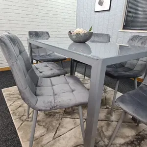 Grey Dining Table and 6 Grey Velvet Chairs Kitchen Dining Set of 6 Glass Table