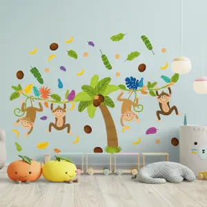 Walplus Colourful Jungle With Happy Monkeyskids Sticker PVC Multicoloured, Green, Brown