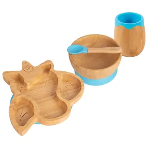 Tiny Dining - Unicorn Bamboo Suction Baby Feeding Set - Blue - 4pc