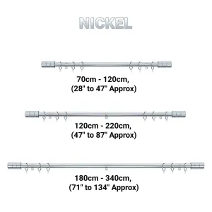 A.Unique Home Plain Barrel Metal Extendable Curtain Pole with Rings and Fittings (25/28mm) - Nickel, 120cm - 220cm Approx