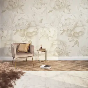 Vintage Peony Mural Wallpaper In Warm Neutrals (350cm x 240cm)