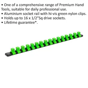 Premium 1/2-Inch Square Drive Bit Holder with 16 Socket Capacity and Green Retaining Rail