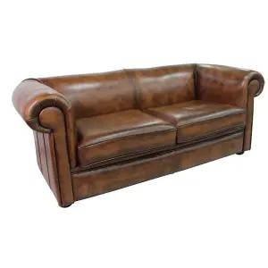 Chesterfield 1930's 3 Seater Antique Tan Leather Sofa Settee In Classic Style