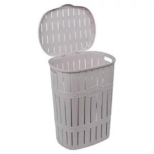 URBNLIVING 65L Purple Plastic Bamboo Style Laundry Basket Storage Bin With Handles & Easy Open Lid