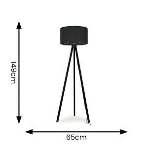 ValueLights Barbro Modern Black Wood Tripod Design Floor Lamp with a Charcoal Grey Drum Shade