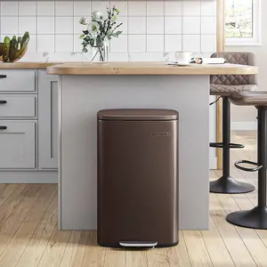 SONGMICS Trash Can, Kitchen Bin, Big Pedal Bin, Rubbish and Waste Management, Soft Close, Steel, Inner Bucket, Brown