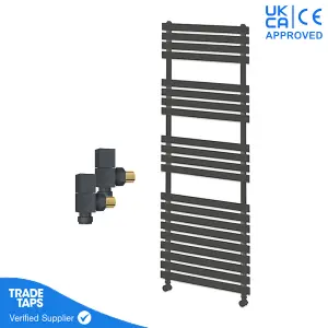 Designer Delta Anthracite Flat Panel Towel Radiator Heated Ladder Rail - 1424 x 500mm - Angled Manual Square Valve Pair