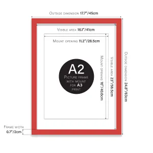 A2 Red Picture Frame With Mount for A3 (29.7 x 42cm - 11.7 x 16.5in) Poster, Photo, Artwork, or Print.