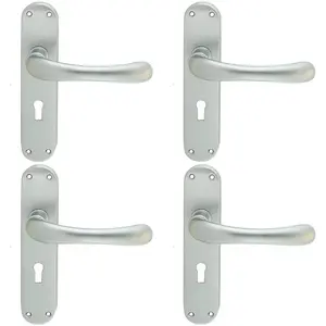 4 PACK - Smooth Rounded Latch & Lock Door Handle - Satin Chrome Lever on Backplate