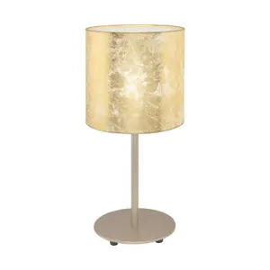 Table Lamp Champagne Slim Stem Round Base Shade Gold Fabric Bulb E27 1x60W