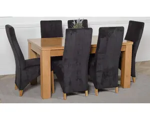 Dakota 152 x 87 cm Chunky Medium Oak Dining Table and 6 Chairs Dining Set with Lola Black Fabric Chairs