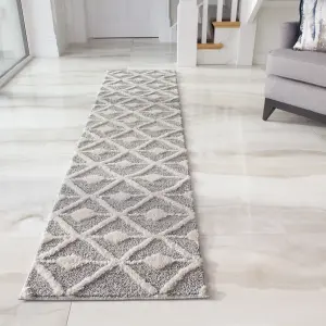 Grey White Diamond Geometric Plush Scandi Runner Rug 60x240cm