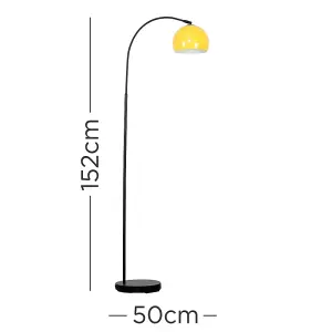 ValueLights Style Black Curved Stem Floor Lamp With Gloss Yellow Arco Style Metal Dome Light Shade With LED GLS Bulb in Warm White