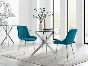 Furniturebox UK Novara 100cm Round  Dining Table and 2 Blue Pesaro Silver Leg Chairs