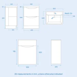 Nes Home 500mm White 2 Drawer Vanity Cabinet with Basin and WC Toilet Unit Combo