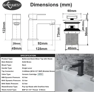 BATHWEST Matte Black Square Basin Taps with Drain Basin Mixer Taps with Pop Up Waste Monobloc Brass Basin Taps with Sink