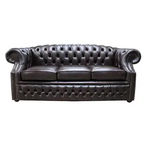 Chesterfield 3 Seater Old English Smoke Leather Sofa In Buckingham Style