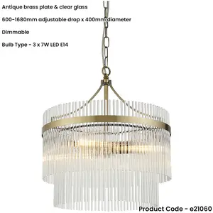 Multi Arm Hanging Ceiling Pendant Light - Antique Brass Plate & Clear Glass - 3 X 7W LED E14