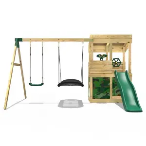 Rebo Wooden Lookout Tower Playhouse with 6ft Slide & Swings - Yosemite