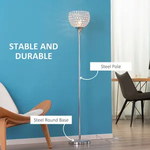 HOMCOM Modern Floor Lamp w/ K9 Crystal Lampshade for Living Room Study Silver