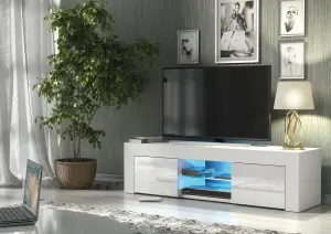 Loom TV Unit 130cm White with High Gloss Doors and LED Lighting - Creative Furniture