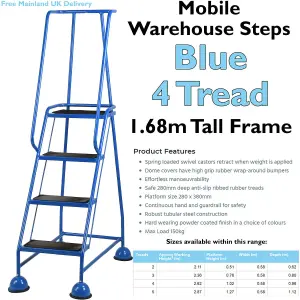 4 Tread Mobile Warehouse Steps BLUE 1.68m Portable Safety Ladder & Wheels