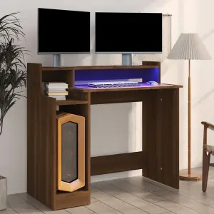 Berkfield Desk with LED Lights Brown Oak 97x45x90 cm Engineered Wood