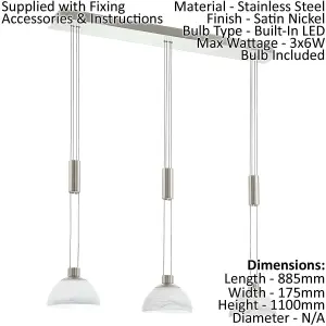 Pendant Ceiling Light Colour Satin Nickel Shade White Glass Alabaster Bulb LED 3x6W