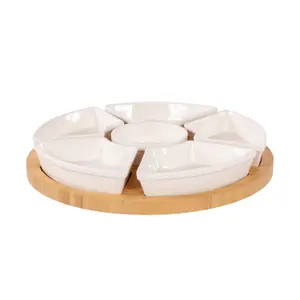 Oypla Rotating Bamboo Lazy Susan Snack Bowl Serving Platter with Ceramic Dishes