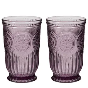 Set of 2 Luxury Embossed Purple Tall Drinking Glass Tumblers 330ml