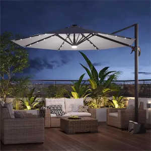 3M Large Canopy Tilting Garden Rome Umbrella Cantilever Parasol with Solar Lights, Light Grey