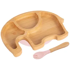 Bamboo Elephant Baby Weaning Plate & Fork Set - Pastel Pink