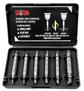 Saxton Damaged Screw Extractor Remover Set for Screws and Bolts - Set Includes 6 Bits