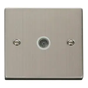 Stainless Steel 1 Gang Single Coaxial TV Socket - White Trim - SE Home