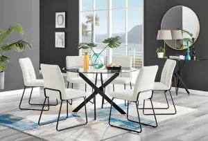 Furniturebox Novara Clear Tempered Glass 120cm Round Dining Table with Black Starburst Legs & 6 Cream Halle Soft Fabric Chairs