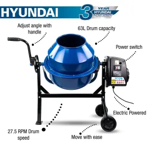 Hyundai 220W 63L Electric 230v Cement / Concrete Mixer HYCM63E