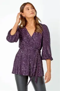 Roman Embellished Sequin Stretch V-Neck Wrap Top In Purple Female 10 0265