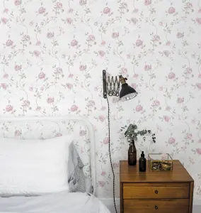 Galerie Vintage Roses Pink Green White Trailing Rose Smooth Wallpaper