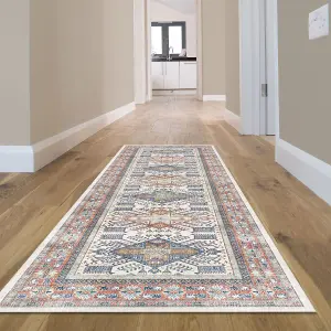 Blue Bordered Floral Rug For Bedroom, & Living Room, 7mm Thick Stain-Resistant Traditional Rug - 60cm X 180cm