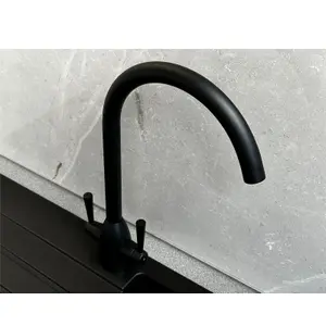 Liquida W05BL Swan Neck Swivel Spout Monobloc Twin Lever Black Kitchen Mixer Tap